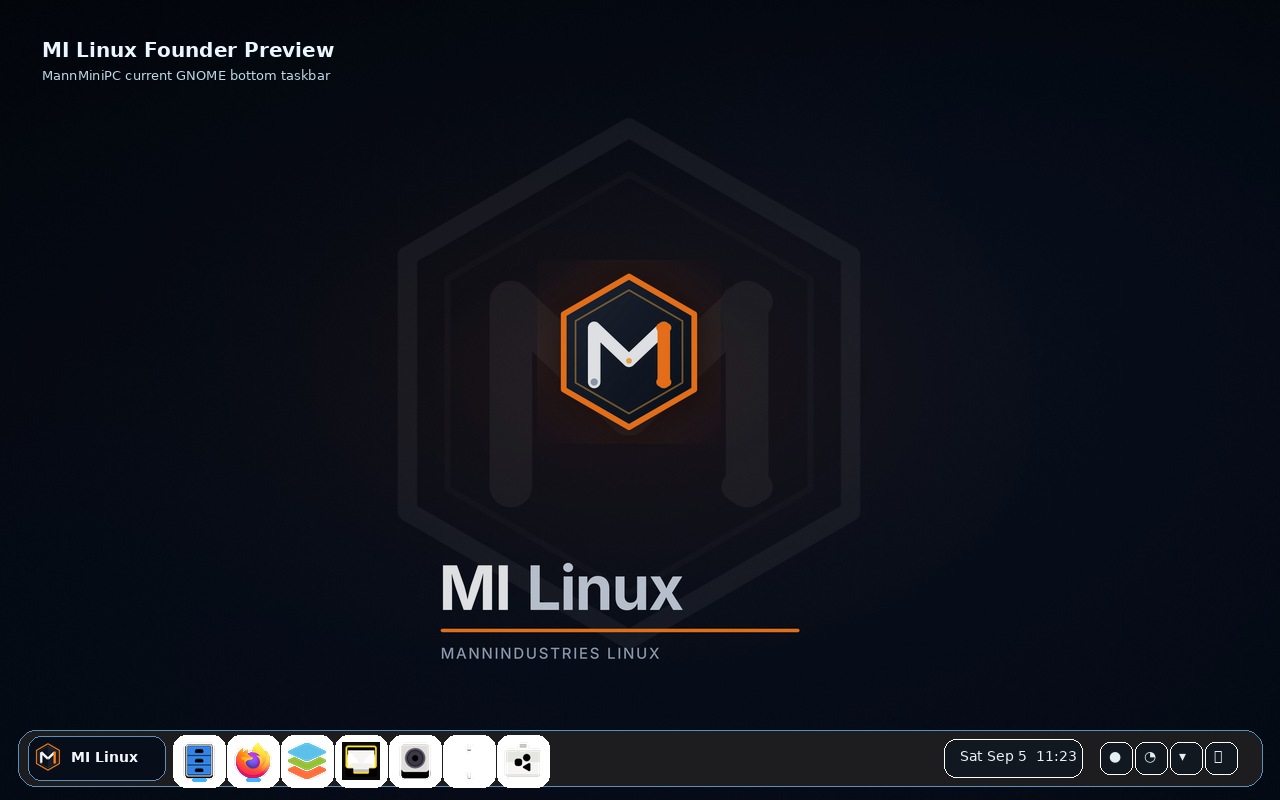MI Linux desktop with MI logo launcher, bottom taskbar, and dark branded wallpaper