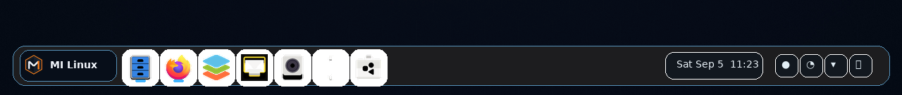 MI Linux bottom taskbar close-up with MI logo launcher, pinned apps and system tray